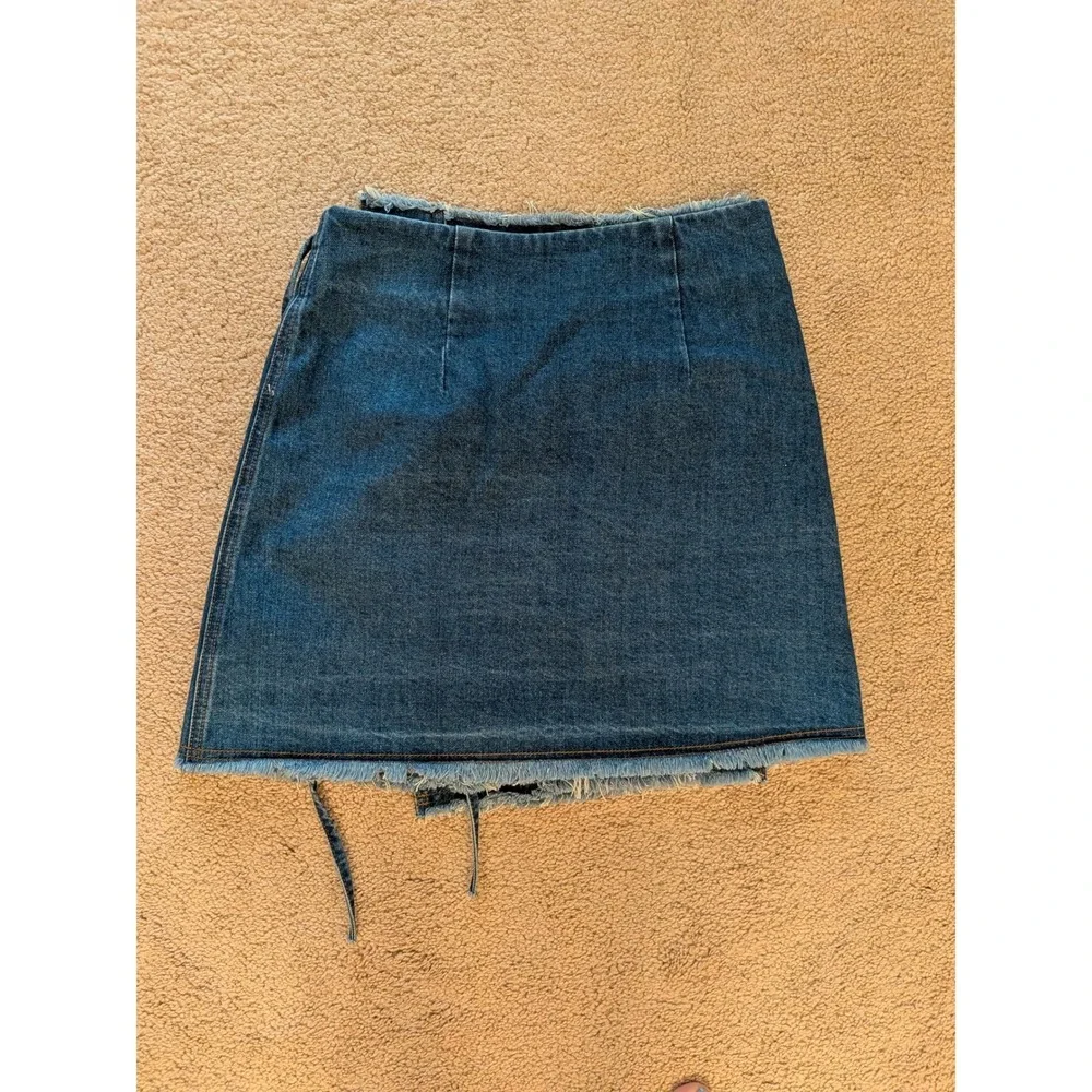 FRNCH Paris Denim Wrap Skirt Size S Frayed Hem Blue Cotton Blend Tie Waist
